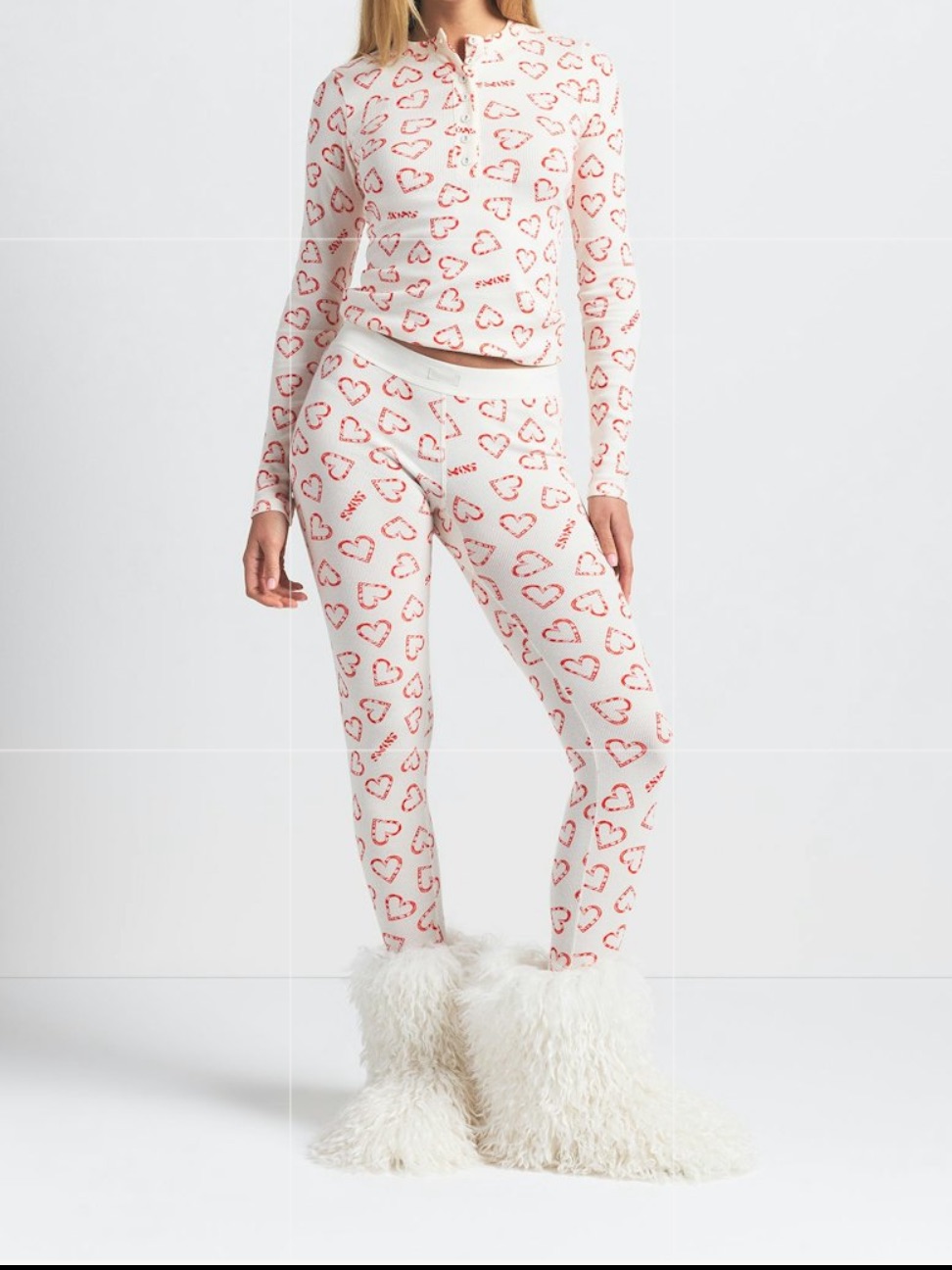 Skims Candy Heart Print Cotton Rib Henley And Pants Set Marble S